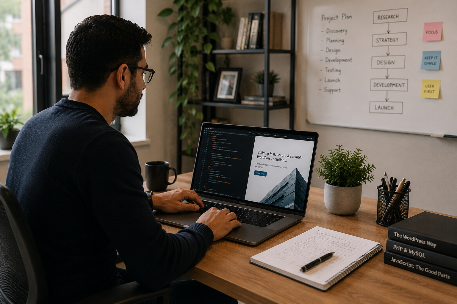 Freelance WordPress developer in Leicester & London, UK working on custom website development and coding in a modern office workspace.