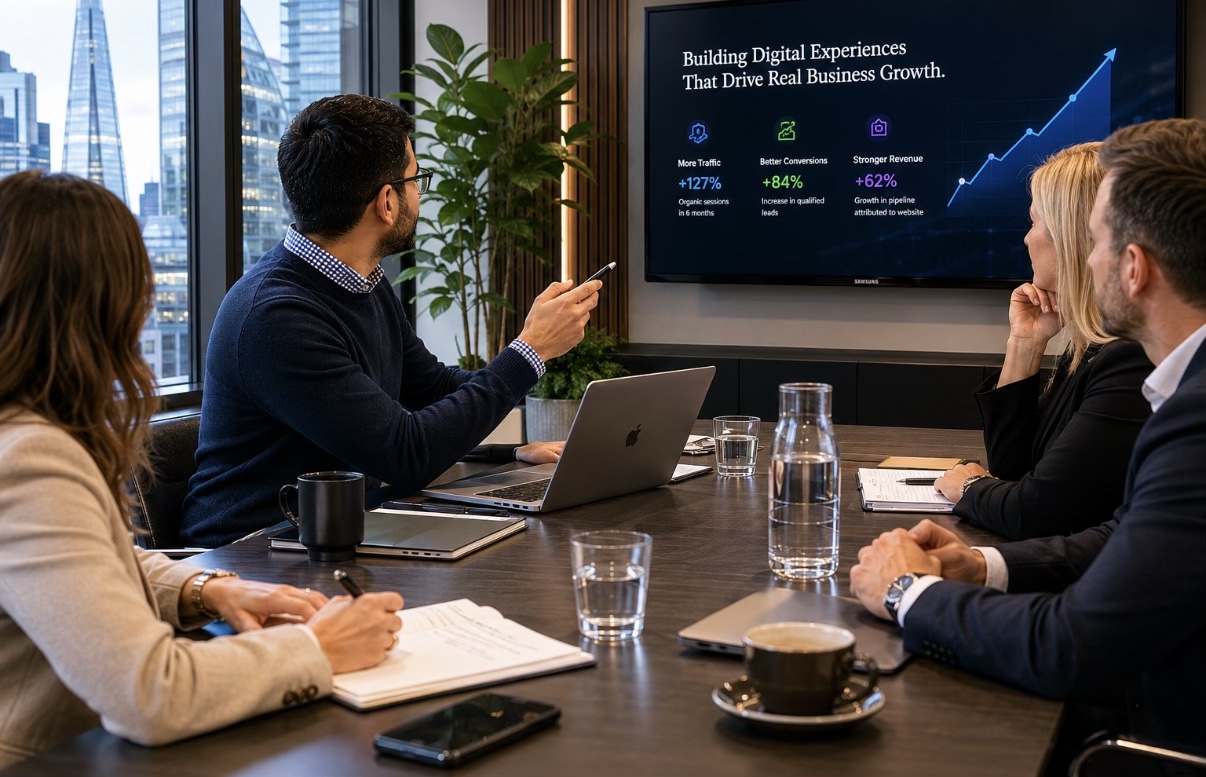 WordPress consultant presenting website growth and digital marketing strategy to business clients in a modern London office.